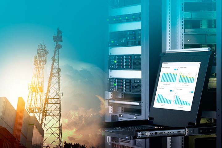Collaborative Strengths: Building Industry Alliances; Management monitor with charts on screen in data center and telecommunication tower on blue sky with cloud, double exposure.
