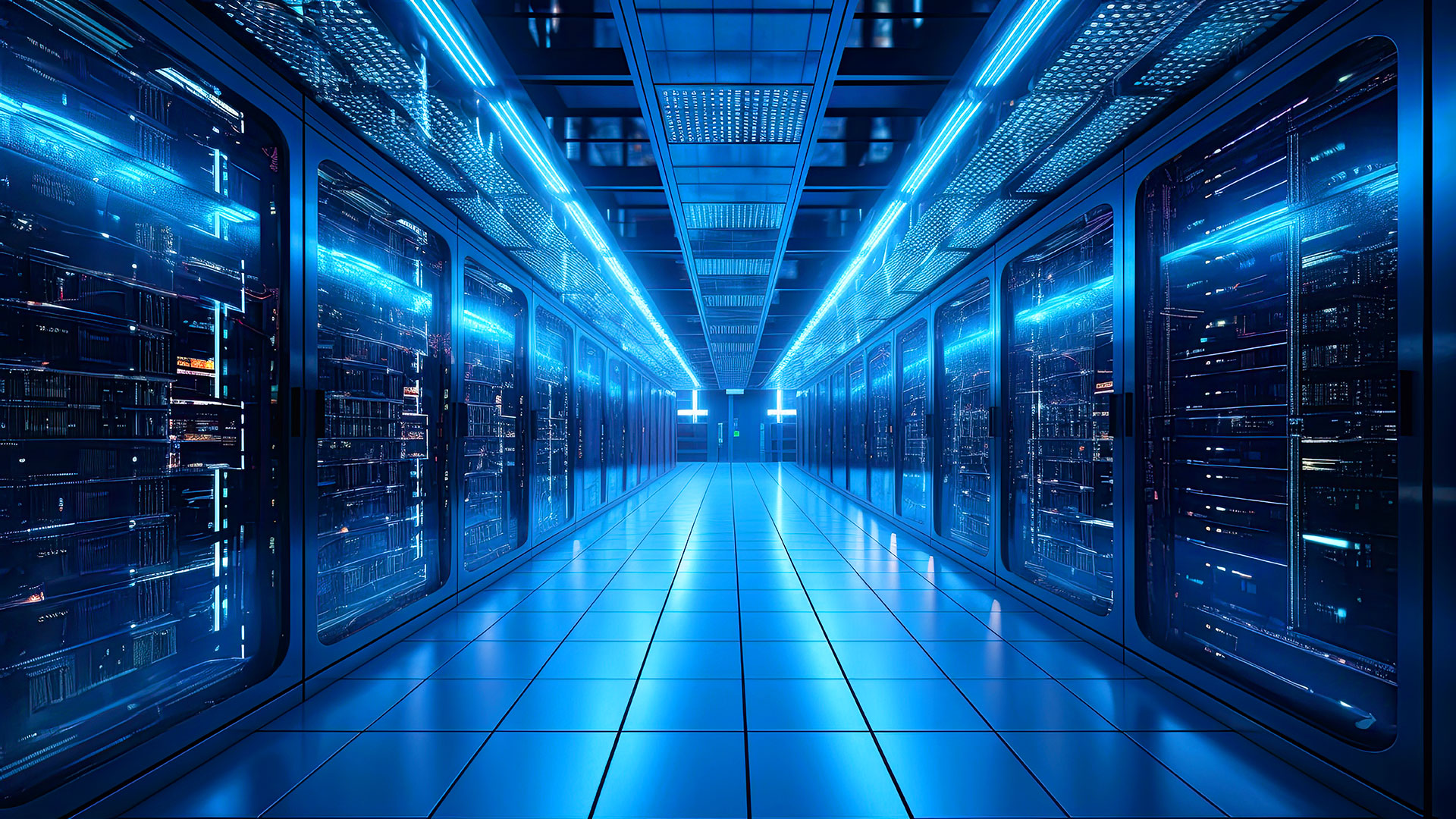Wide corridor of illuminated server racks in a modern blue-lit data center